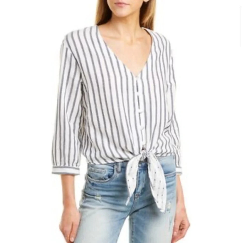 Three dots from Nordstrom size XS striped tie front button up blouse